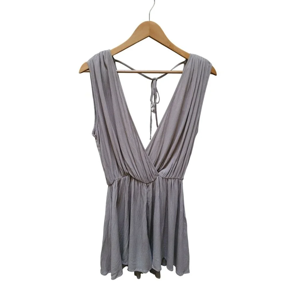 Zenana Grecian Romper In Soft Taupe With Deep V-Neck & Tie Back Detail Womens Si - Picture 2 of 6